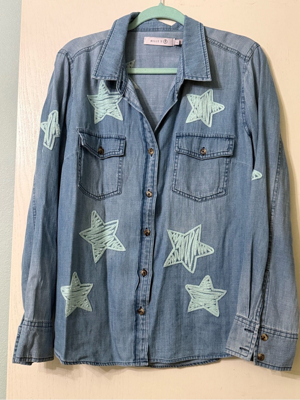 Billy T Light Wash Denim Shirt with Mint Star embroidered Appliqués size L